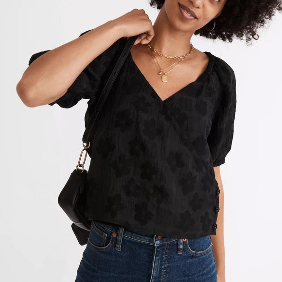 NEW Madewell Puff Short Sleeves Wrap Button Blouse Top in Floral Jacquard $92 S - Picture 2 of 11